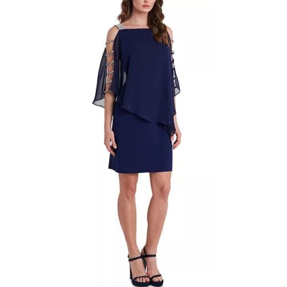 MSK Womens Navy Rhinestone Knee Cocktail and Party Dress Petites Small Sparkle - Picture 1 of 12